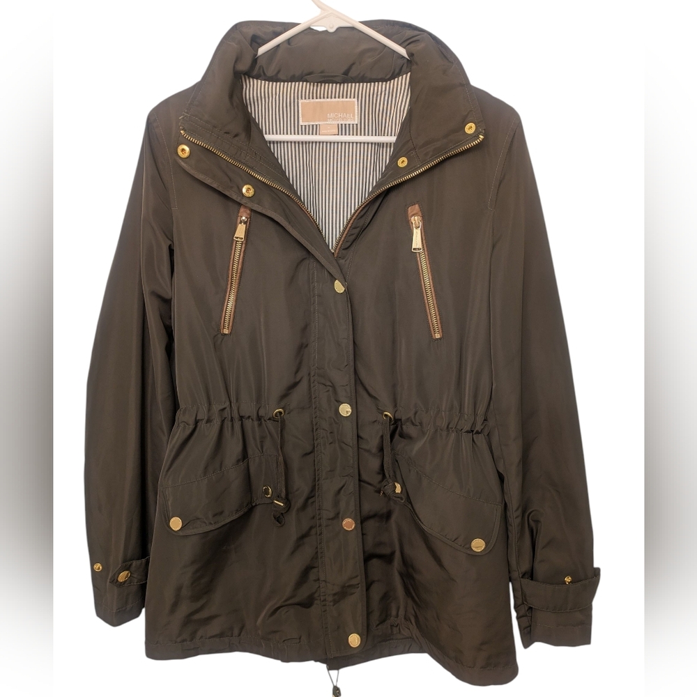 Michael Kors Army Green Khaki Anorak Jacket Gold Zip Size M Medium